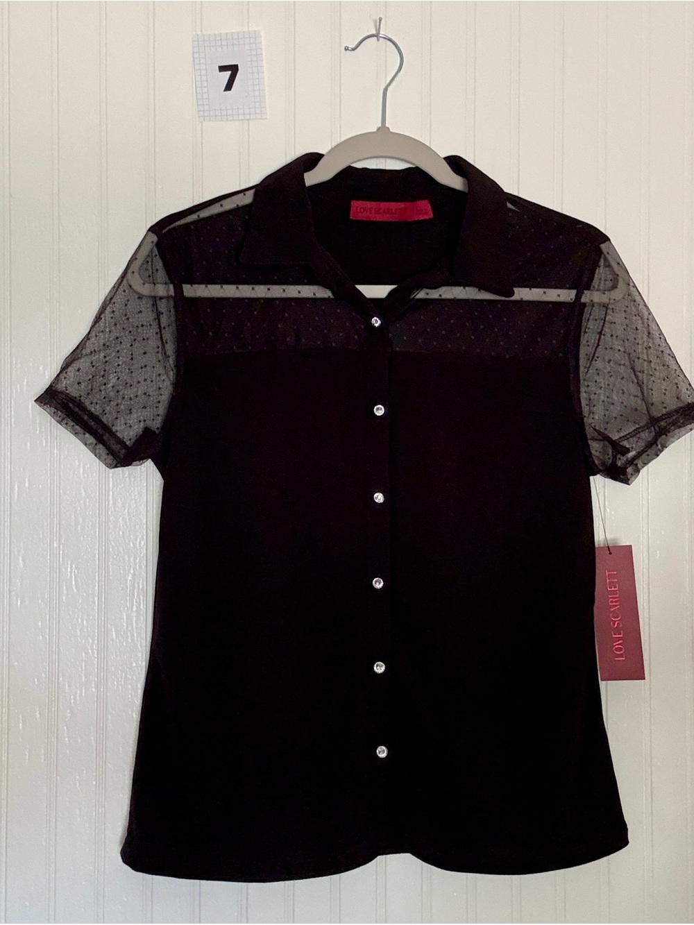 Scarlett Black Button-Up Shirt with Sheer Dotted Yoke and Sleeves